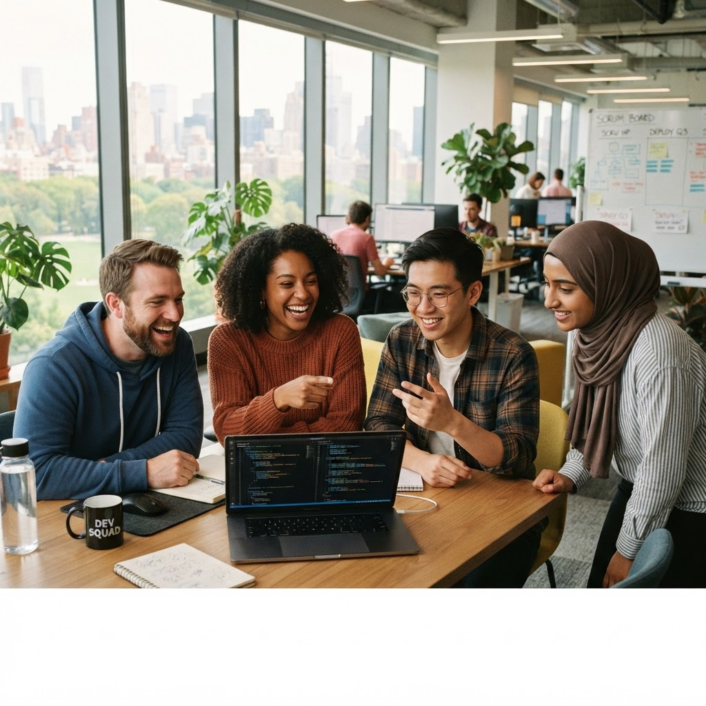 Software development team collaborating around a laptop